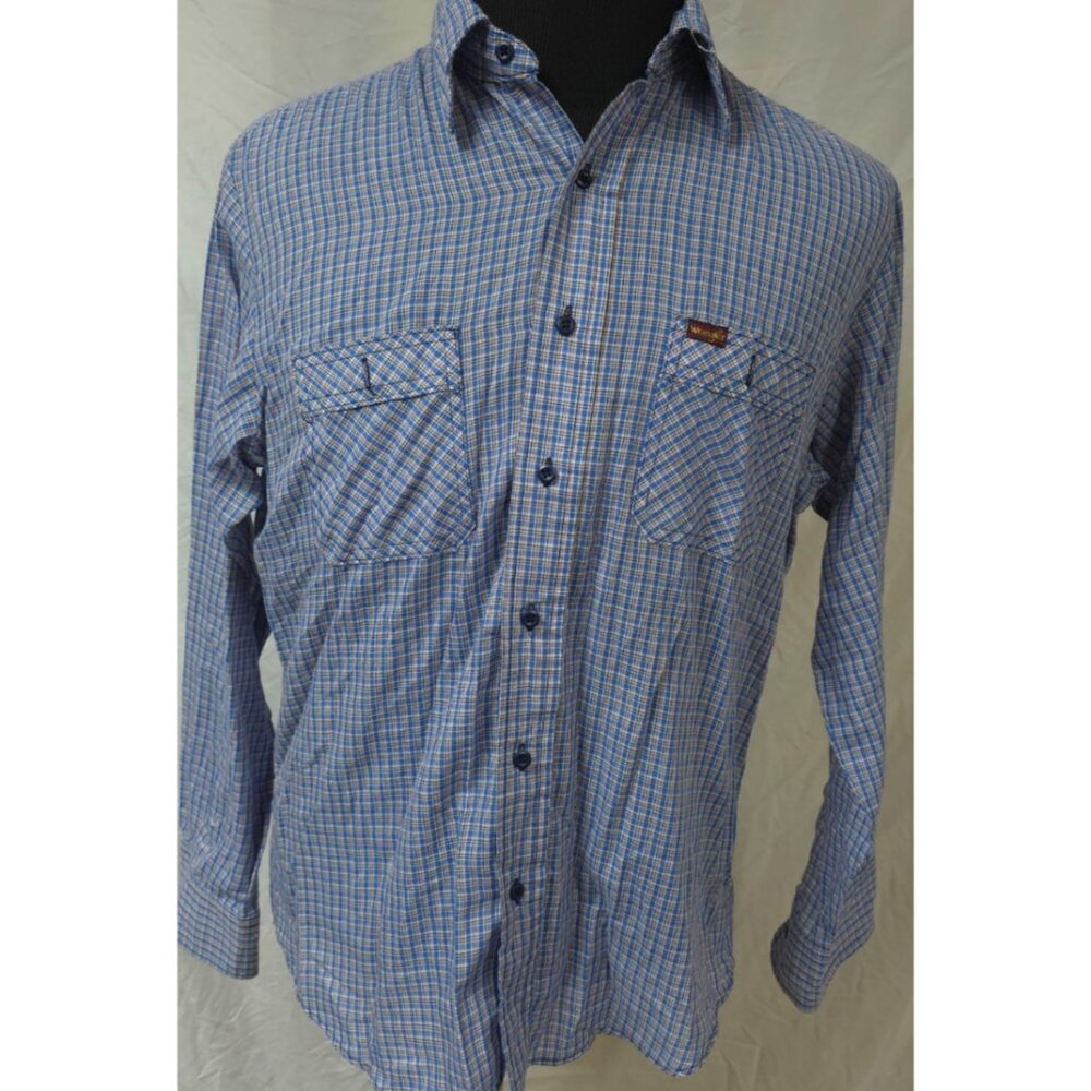 Wrangler Mens Large Blue Plaid Button Up made In USA Western Lightweight Shirt